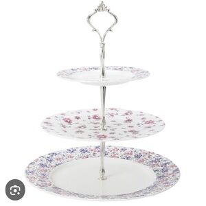 Laura Ashley  Mille Fleur Floral 3 Tier Cake Stand Bone China New In Box Pink